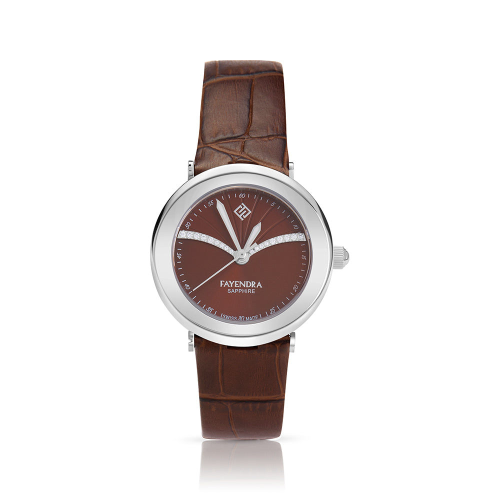 Stainless Steel 316L Watch Silver Color Brown Leather And White Zircon - BROWN METAL DIAL