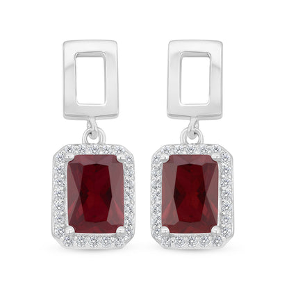 Sterling Silver 925 Earring Rhodium Plated Embedded With Ruby Corundum And White Zircon