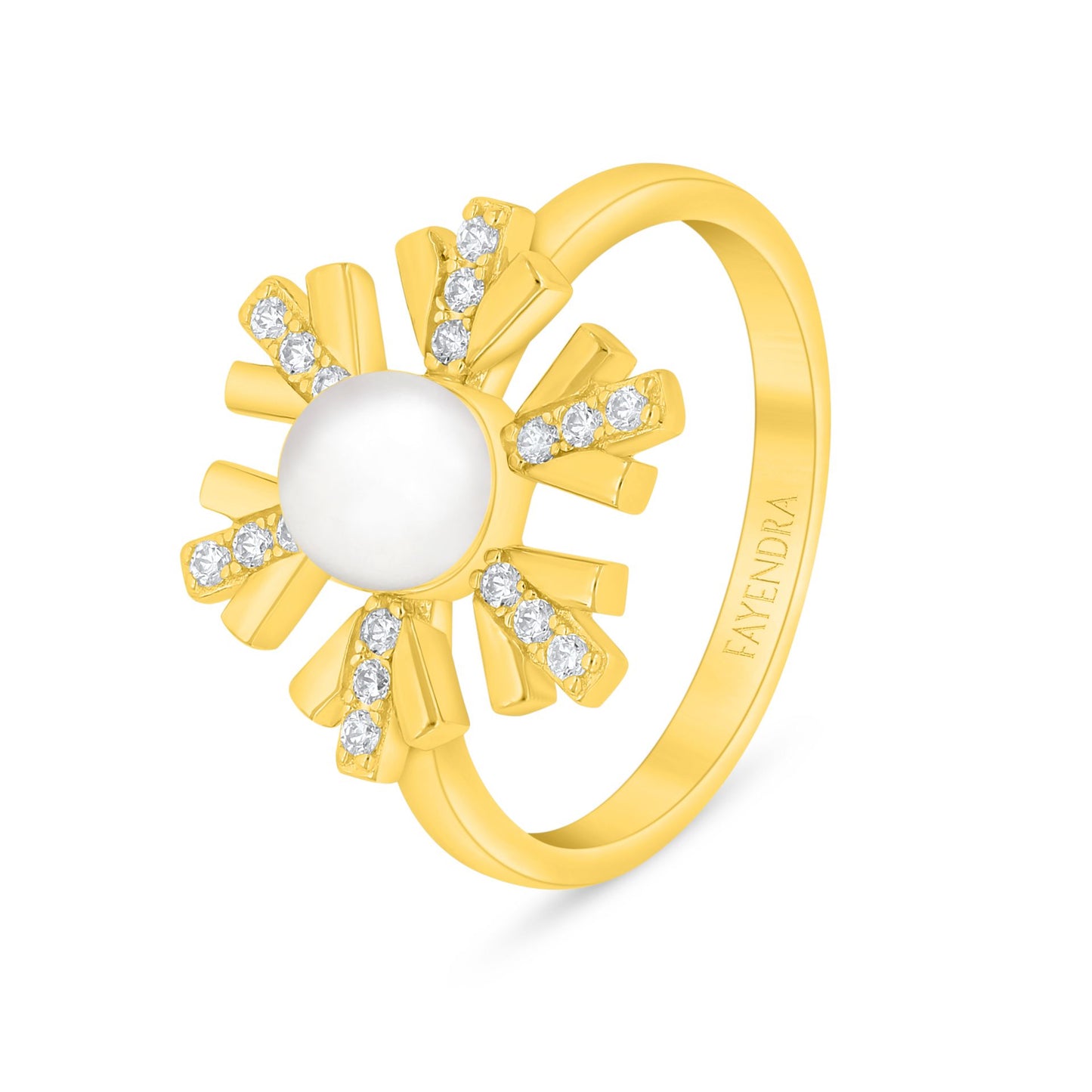 Sterling Silver 925 Ring Golden Plated Embedded With Natural White Pearl And White Zircon