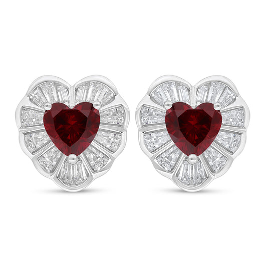 Sterling Silver 925 Earring Rhodium Plated Embedded With Ruby Corundum And White Zircon