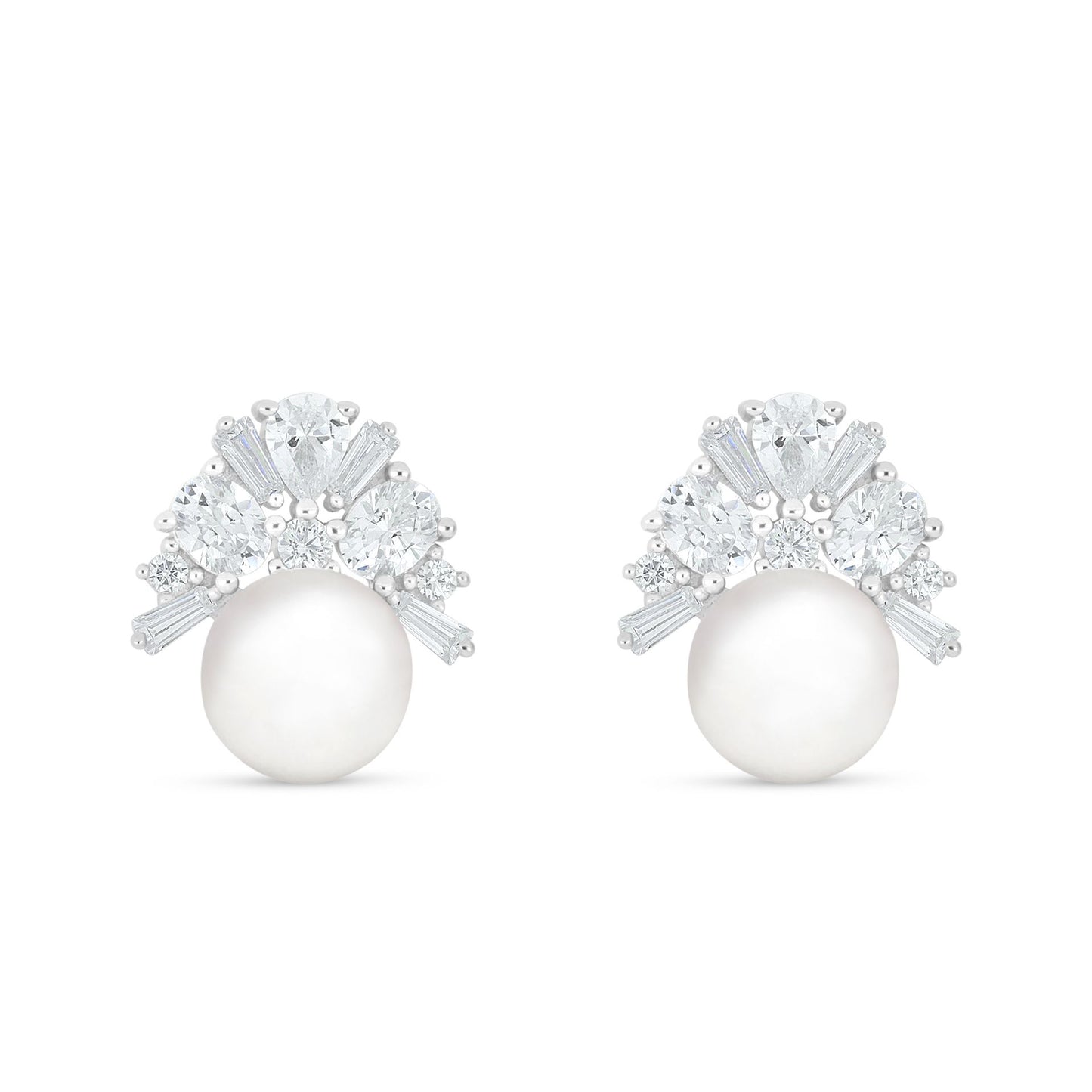Sterling Silver 925 Earring Rhodium Plated Embedded With Natural White Pearl And White Zircon