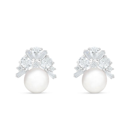 Sterling Silver 925 Earring Rhodium Plated Embedded With Natural White Pearl And White Zircon
