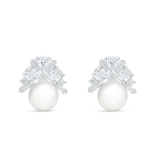 Sterling Silver 925 Earring Rhodium Plated Embedded With Natural White Pearl And White Zircon