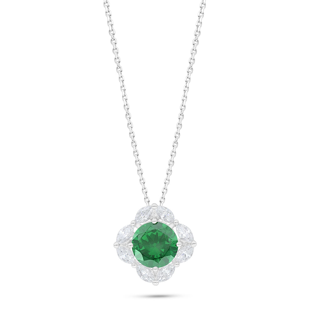Sterling Silver 925 Necklace Rhodium Plated Embedded With Emerald Zircon And White Zircon