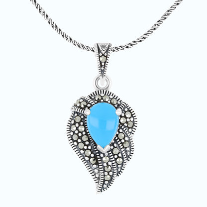 Sterling Silver 925 Pendant Embedded With Natural Processed Turquoise And Marcasite Stones