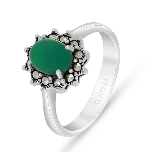 Sterling Silver 925 Ring Embedded With Natural Green Agate And Marcasite Stones