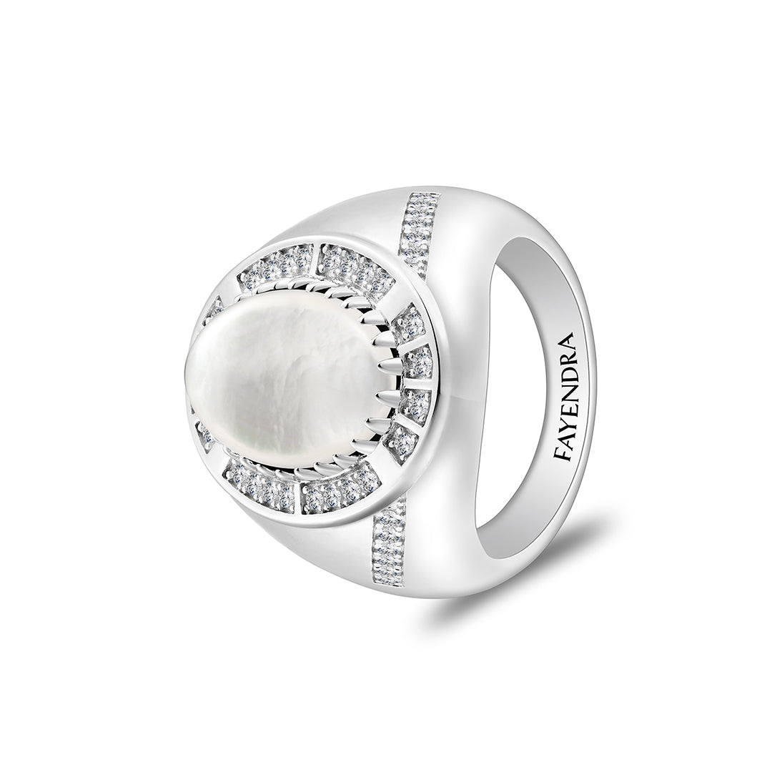 خاتم رجالي من الفضة الخالصة عيار 925 مطلي روديوم مرصع احجار صدف ابيض كابشون و فص ابيض