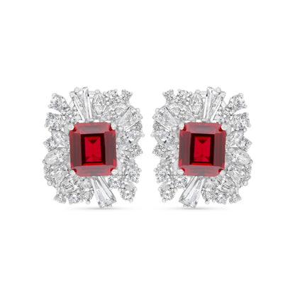 Sterling Silver 925 Earring Rhodium Plated Embedded With Ruby Corundum And White Zircon