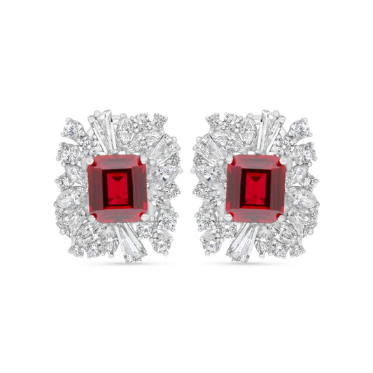 Sterling Silver 925 Earring Rhodium Plated Embedded With Ruby Corundum And White Zircon