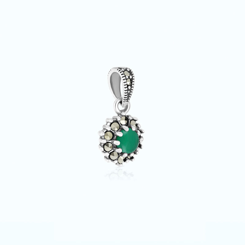 Sterling Silver 925 Pendant Embedded With Natural Green Agate And Marcasite Stones