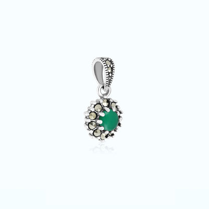 Sterling Silver 925 Pendant Embedded With Natural Green Agate And Marcasite Stones