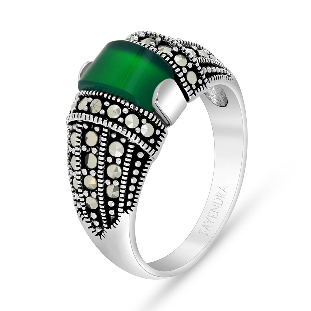 Sterling Silver 925 Ring Embedded With Natural Green Agate And Marcasite Stones