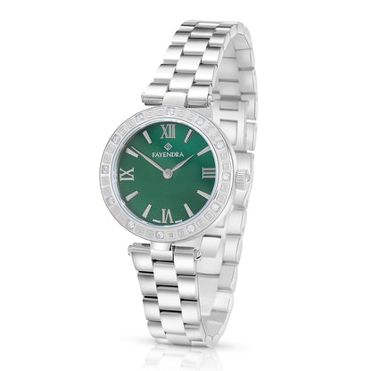 ساعة ستانلس ستيل عيار L316 بلون فضي و فص ابيض - مينا حجر صدف ام اللالئ الاخضر