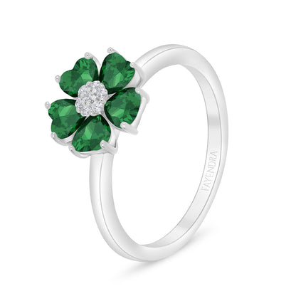 Sterling Silver 925 Ring Rhodium Plated Embedded With Emerald Zircon And White Zircon