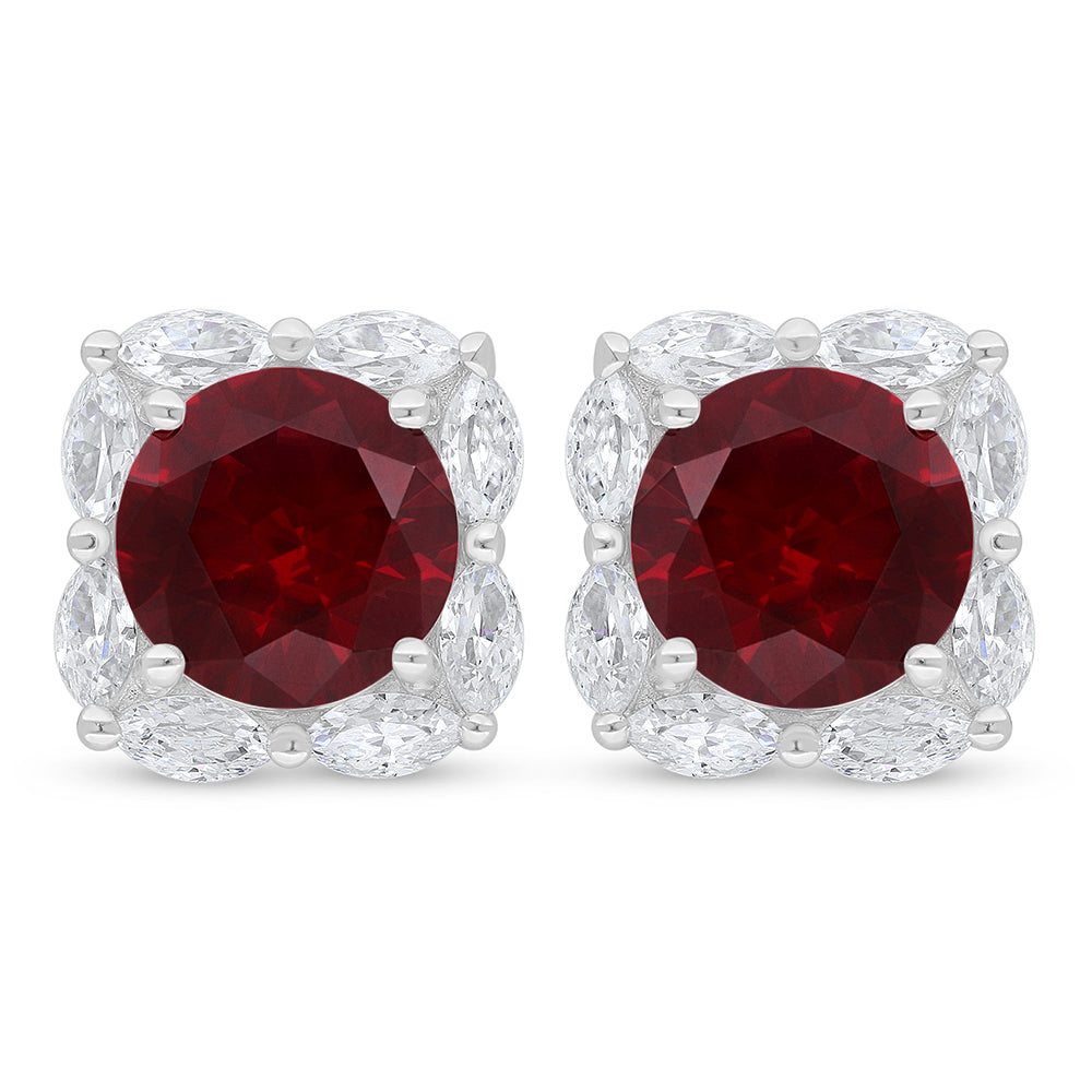 Sterling Silver 925 Earring Rhodium Plated Embedded With Ruby Corundum And White Zircon