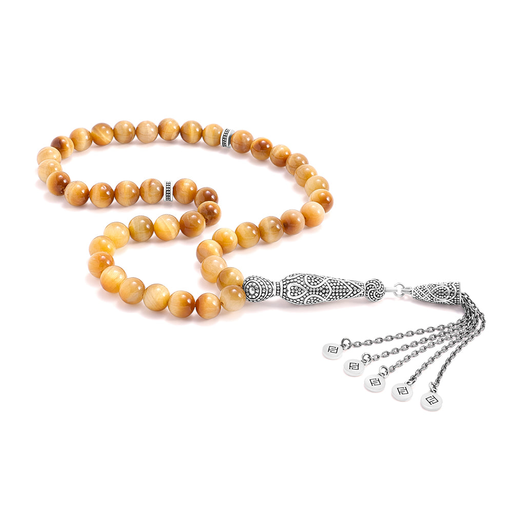 سبحة 45 احجار عين النمر الذهبي بيلية 8 مل طقم فضة عيار 925 مؤكسد LOGO