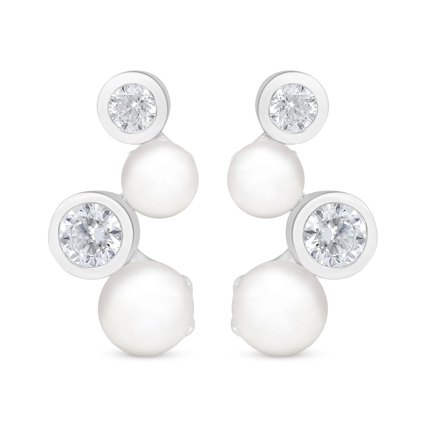Sterling Silver 925 Earring Rhodium Plated Embedded With Natural White Pearl And White Zircon