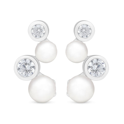 Sterling Silver 925 Earring Rhodium Plated Embedded With Natural White Pearl And White Zircon