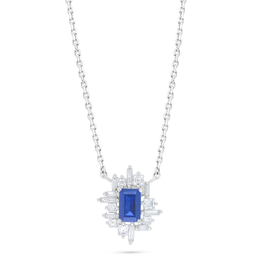 Sterling Silver 925 Necklace Rhodium Plated Embedded With Sapphire Corundum And White Zircon
