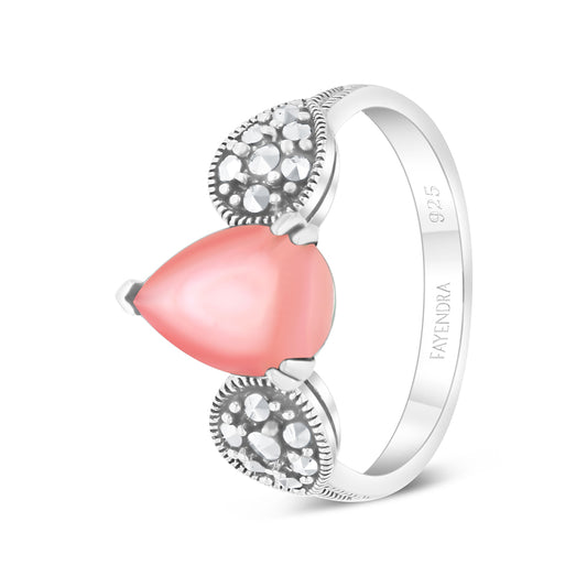 Sterling Silver 925 Ring Embedded With Natural Pink Shell And Marcasite Stones