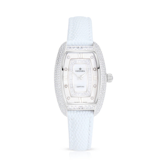 ساعة ستانلس ستيل عيار L316 بلون فضي جلد ابيض و فص ابيض - مينا حجر صدف ام اللالئ الأبيض