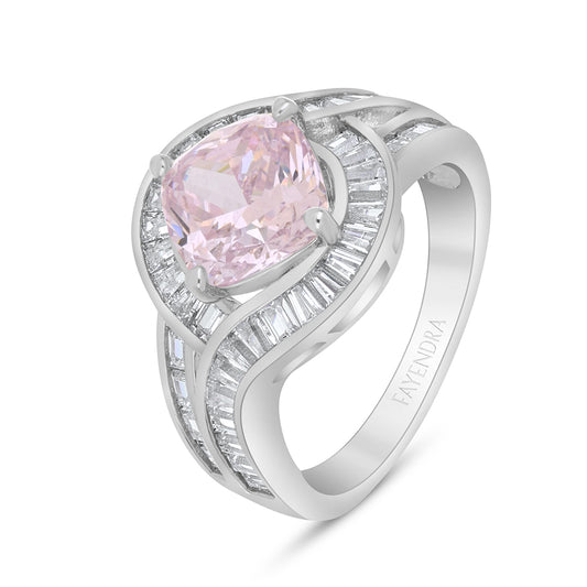 Sterling Silver 925 Ring Rhodium Plated Embedded With Pink Zircon And White Zircon