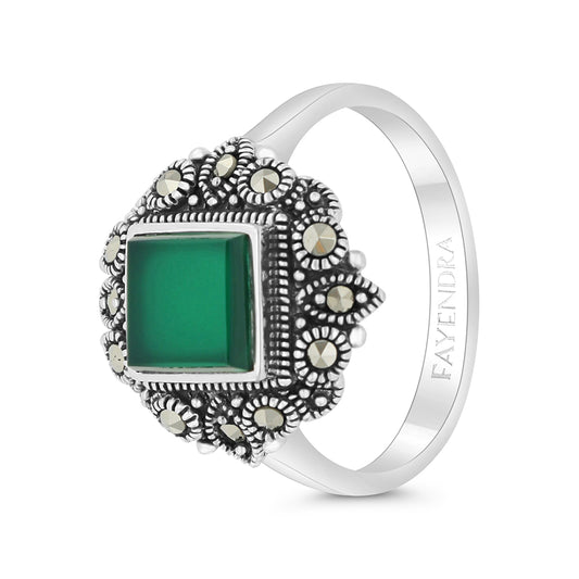 Sterling Silver 925 Ring Embedded With Natural Green Agate And Marcasite Stones