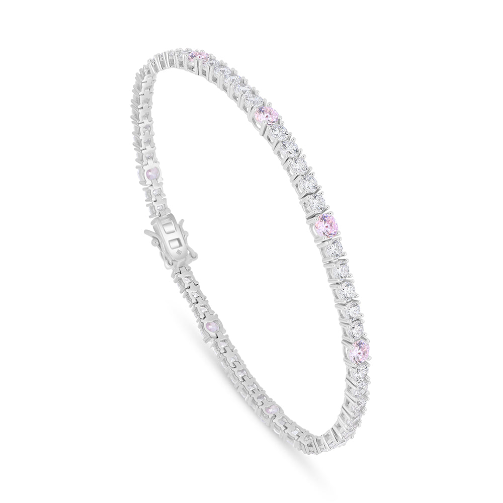Sterling Silver 925 Bracelet Rhodium Plated Embedded With Pink Zircon And White Zircon