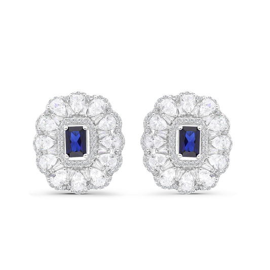 Sterling Silver 925 Earring Rhodium Plated Embedded With Sapphire Corundum