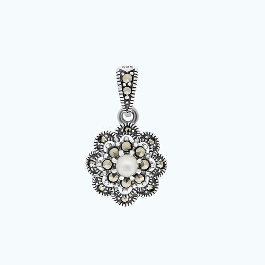 Sterling Silver 925 Pendant Embedded With Natural White Shell And Marcasite Stones