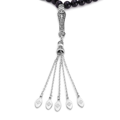 Black Agete Rosary 45 Round Beads 8 mm With Stainless Steel 316L Set (Silver & Black Plated)
