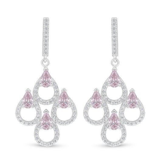 Sterling Silver 925 Earring Rhodium Plated Embedded With Pink Zircon And White Zircon