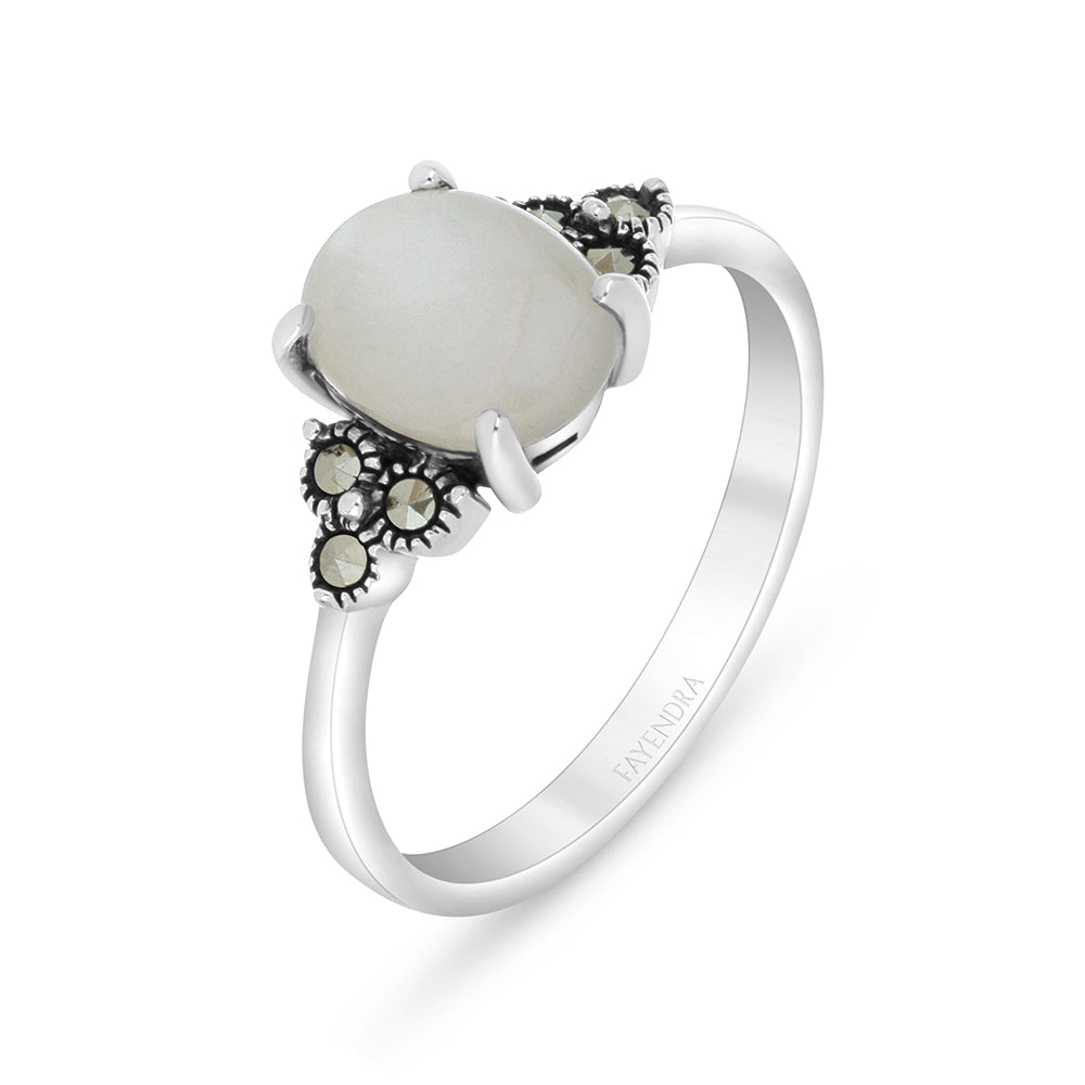 Sterling Silver 925 Ring Embedded With Natural White Shell And Marcasite Stones