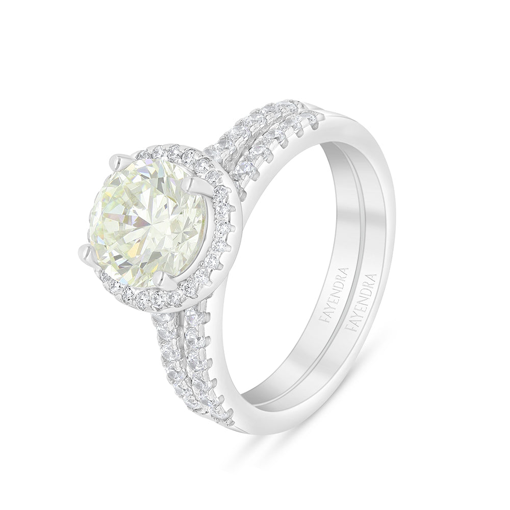 Sterling Silver 925 Ring (Twins) Rhodium Plated  Embedded With Yellow Diamond And White Zircon