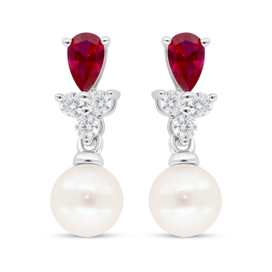 Sterling Silver 925 Earring Rhodium Plated Embedded With Fresh Water Pearl And Ruby Corundum And White Zircon