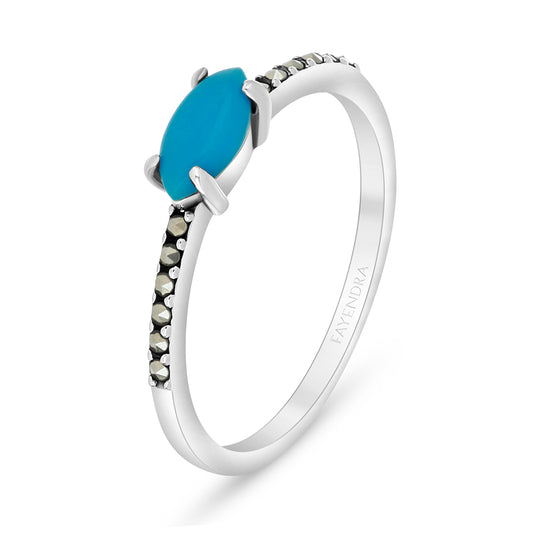 Sterling Silver 925 Ring Embedded With Natural Processed Turquoise And Marcasite Stones