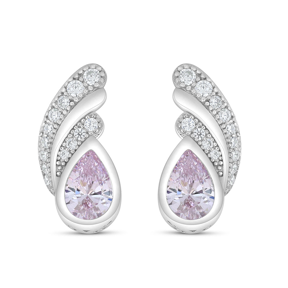 Sterling Silver 925 Earring Rhodium Plated Embedded With Pink Zircon And White Zircon