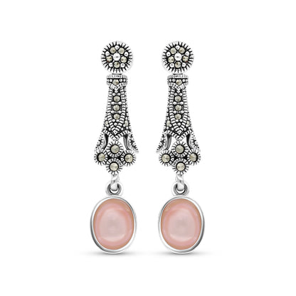 Sterling Silver 925 Set Embedded With Natural Pink Shell And Marcasite Stones