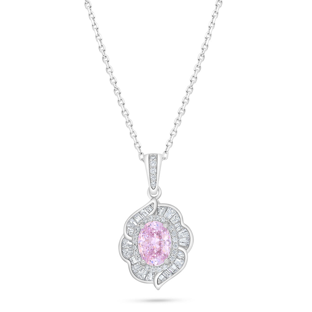 Sterling Silver 925 Necklace Rhodium Plated Embedded With Pink Zircon And White Zircon