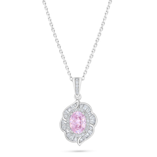Sterling Silver 925 Necklace Rhodium Plated Embedded With Pink Zircon And White Zircon