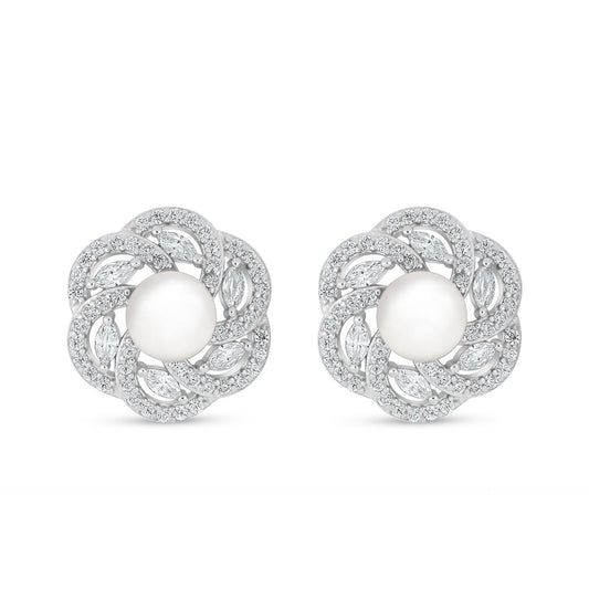 Sterling Silver 925 Earring Rhodium Plated Embedded With Natural White Pearl And White Zircon