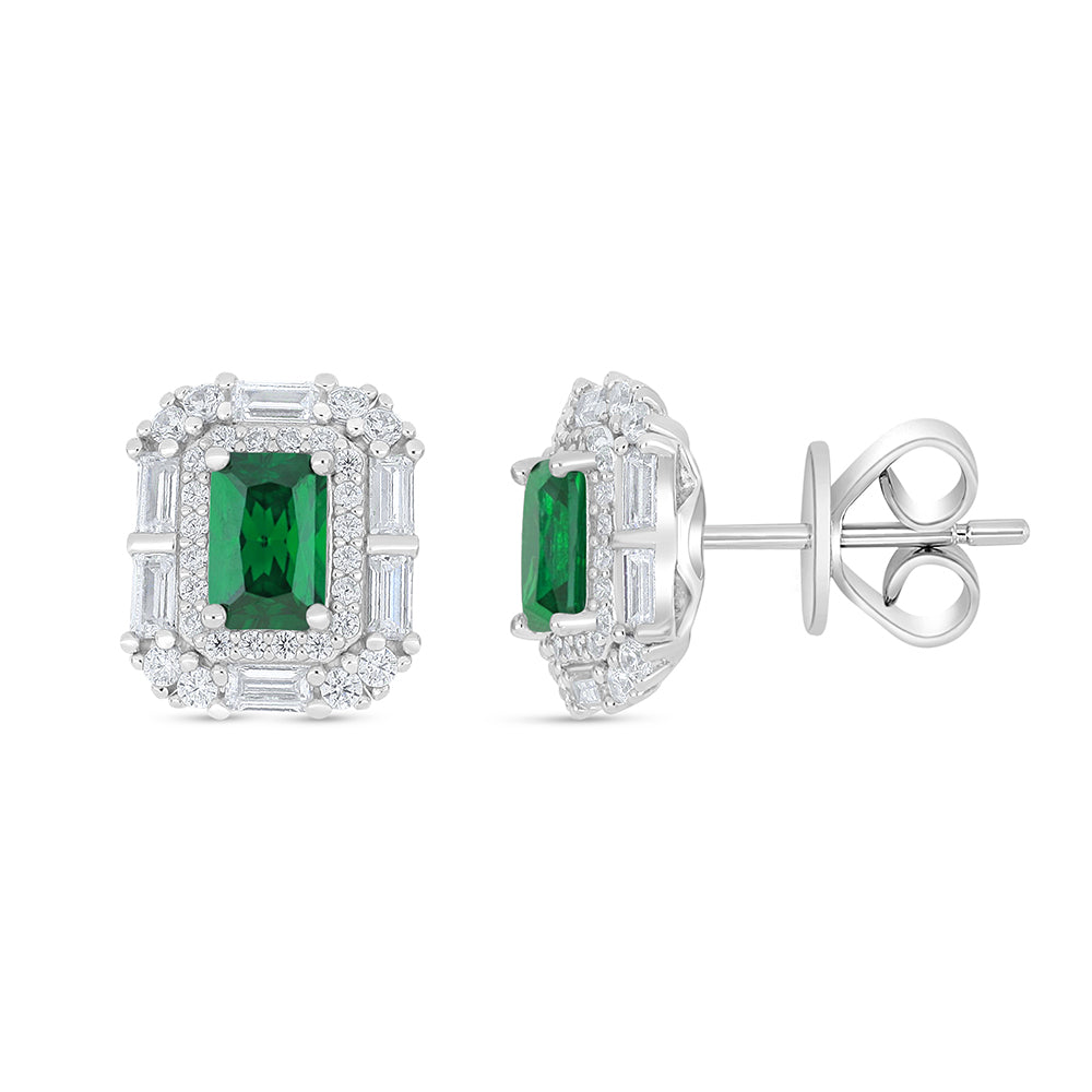 Sterling Silver 925 Earring Rhodium Plated Embedded With Emerald Zircon And White Zircon