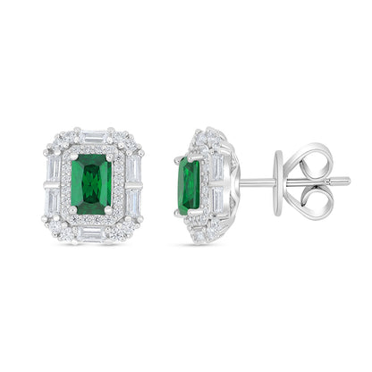 Sterling Silver 925 Earring Rhodium Plated Embedded With Emerald Zircon And White Zircon