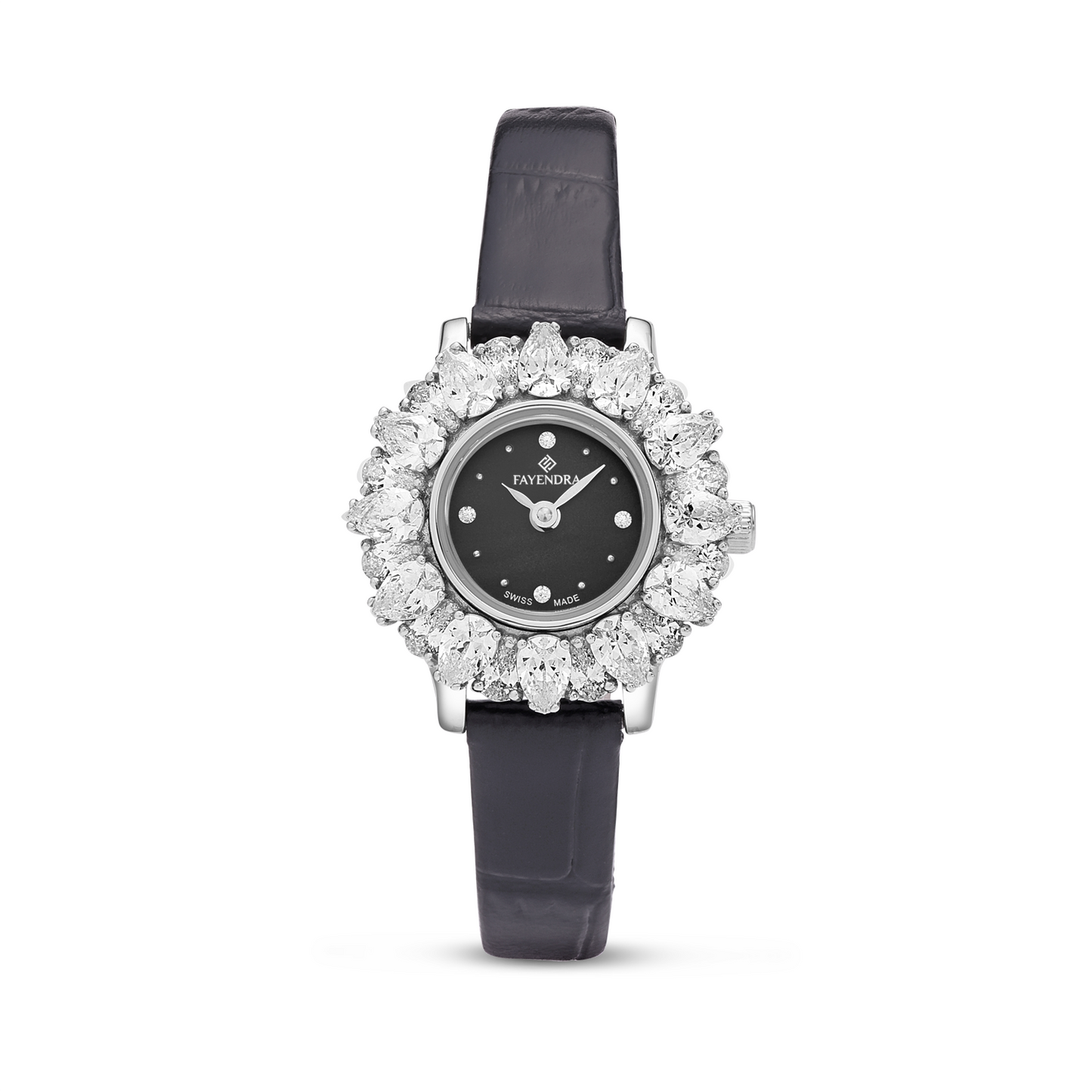 Stainless Steel 316 Watch Silver Color Black Leather Embedded With White Zircon - BLACK MOP DIAL