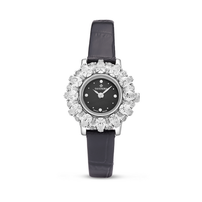 Stainless Steel 316 Watch Silver Color Black Leather Embedded With White Zircon - BLACK MOP DIAL
