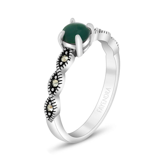 Sterling Silver 925 Ring Embedded With Natural Green Agate And Marcasite Stones