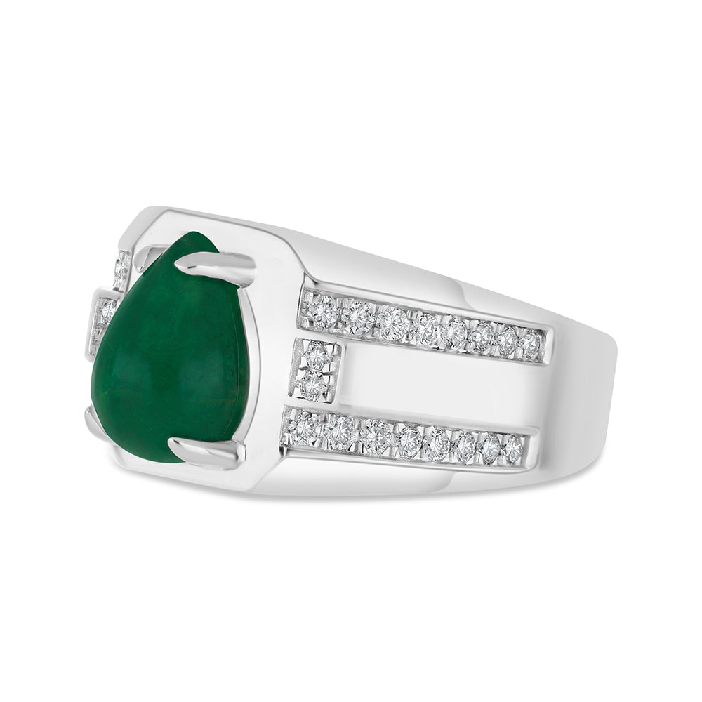 Sterling Silver 925 Men Ring Rhodium Plated Embedded With Natural Emerald And Natural Diamond (CVD)