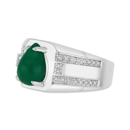 Sterling Silver 925 Men Ring Rhodium Plated Embedded With Natural Emerald And Natural Diamond (CVD)
