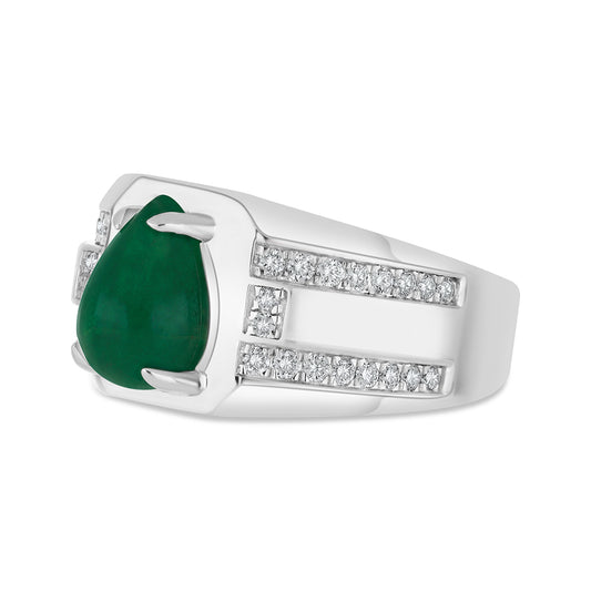 Sterling Silver 925 Men Ring Rhodium Plated Embedded With Natural Emerald And Natural Diamond (CVD)