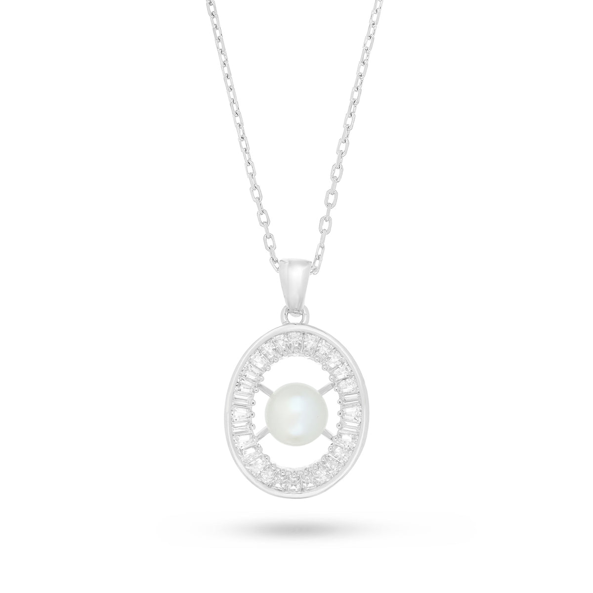 Sterling Silver 925 Necklace Rhodium Plated Embedded With Natural White Pearl And White Zircon